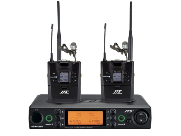 JTS RU-8012DB/RU-G3TB+CM-501x2 UHF PLL Dual Channel Diversity Lapel Wireless Microphone System with REMOSET and BNC antenna, 823-86