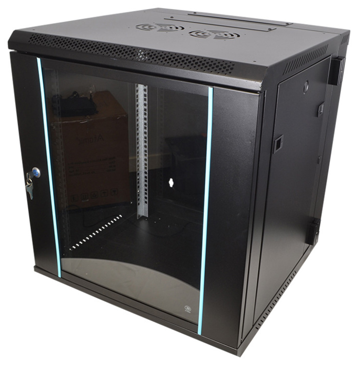 COBRA CWH-960 Wall Mounting Metal 19" Rack Cabinet, Hinged Back, Glass Door 9U 600mm Deep, Black, Complete Assembly