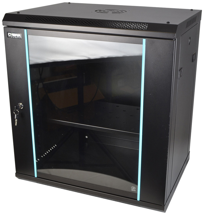 COBRA CWR-1245 Wall Mounting Metal 19" Rack Cabinet Glass Door 12U 450mm Deep, Black, Complete Assembled