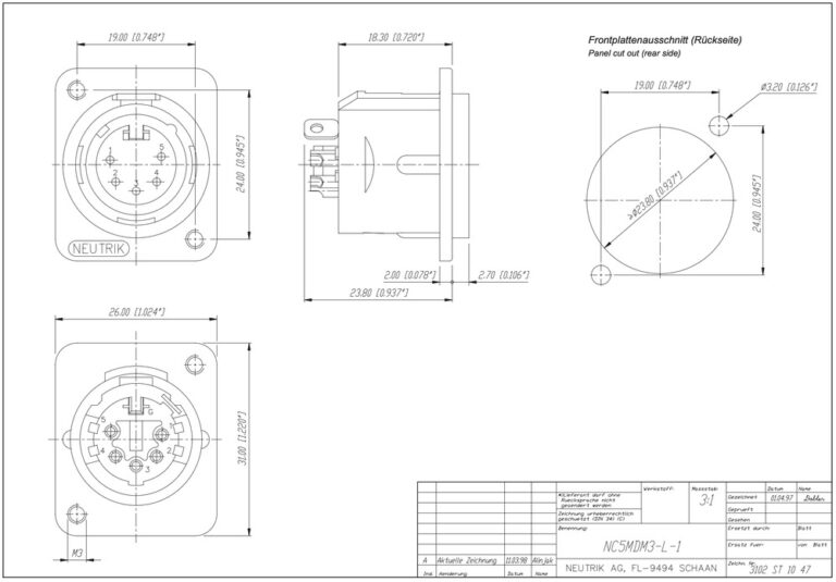 Neutrik NC5MDM3-L-1 5 pole male XLR receptacle - Image 2